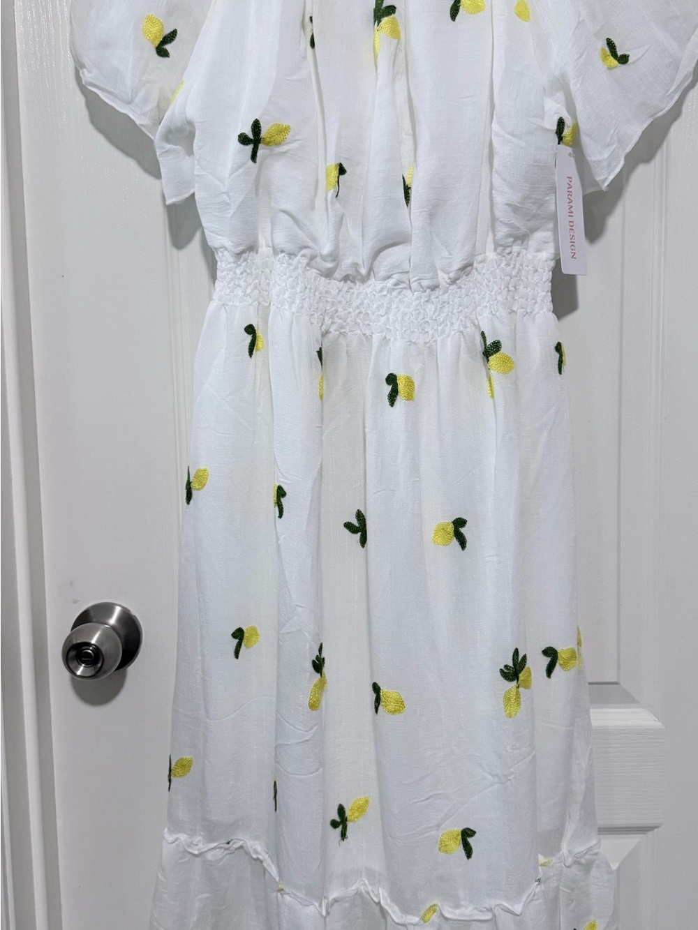 White Midi Dress with Yellow Lemon Embroidery